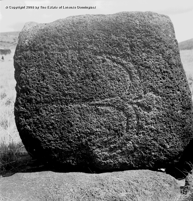 ANA_Pajaro_En_Vuelo_03.jpg - Easter Island. 1960. Anakena. Petroglyph over the paenga of an ahu representing a flying bird.